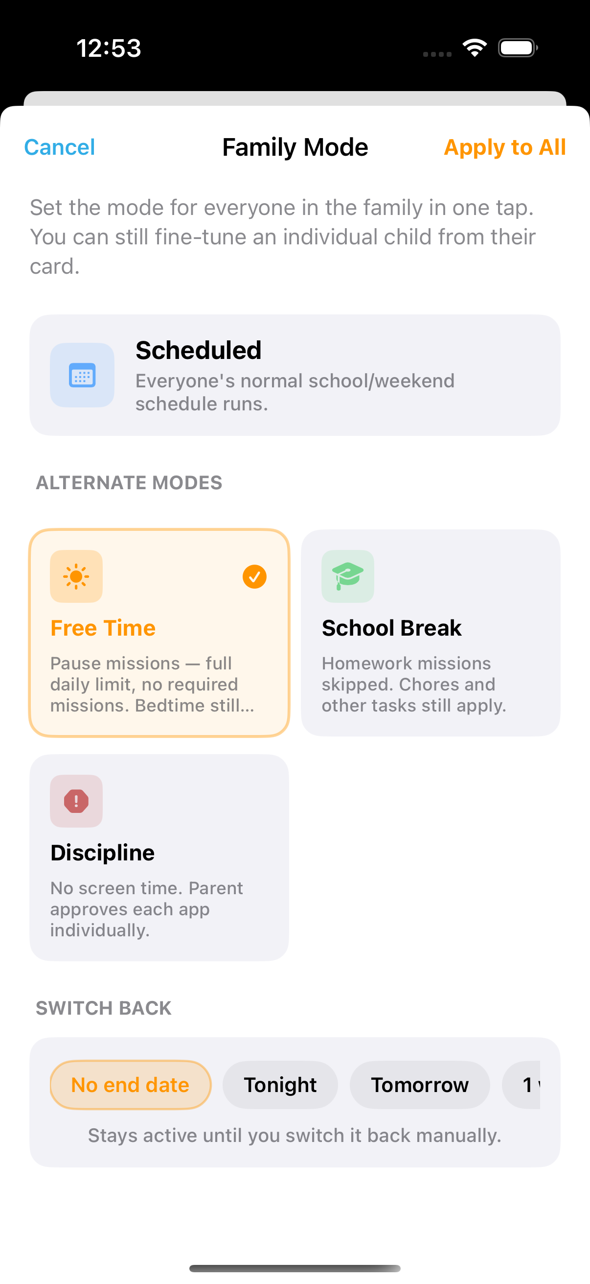 ChronoKeeper Family Mode pause sheet